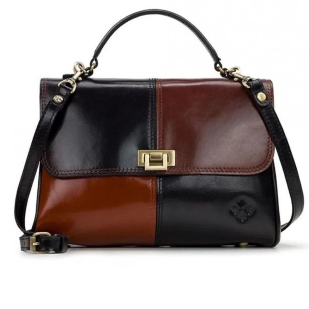 Patricia Nash Satchel with Gold Clasp Leather Crossbody Bag Brown/black